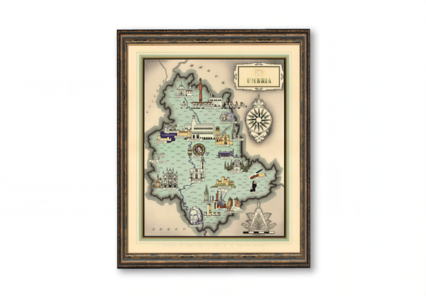 The image is a framed vintage map of Umbria, depicting various landmarks and locations within the region.