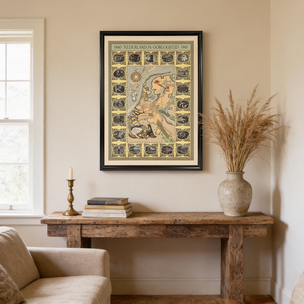 a framed poster of a map hanging on a wall above a wooden console table with a vase of dried flowers.