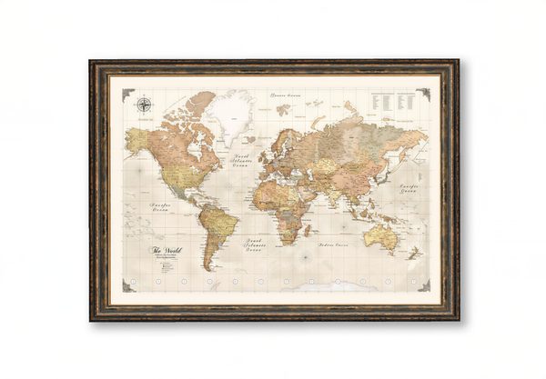 The image is a framed world map with a vintage or antique style, featuring a detailed and intricate depiction of the continents and oceans.