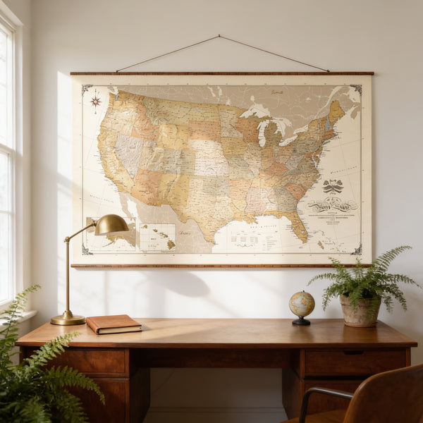 a large map of the United States hanging on a wall above a wooden desk with a lamp, a book, and a small globe.