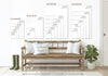 a wooden bench with pillows, a potted plant, and a pair of boots, all set against a white wall. Above the bench, there are three framed size charts providing measurements for different print sizes, including "3/4" and "2/3" ratio sizes.