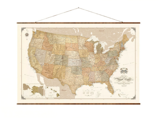 The image is a large, detailed map of the United States hanging on a wall.