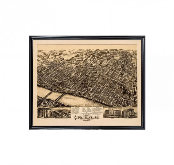 The image is a framed vintage map of the city of Springfield, Illinois, depicting the city's layout and surrounding areas.